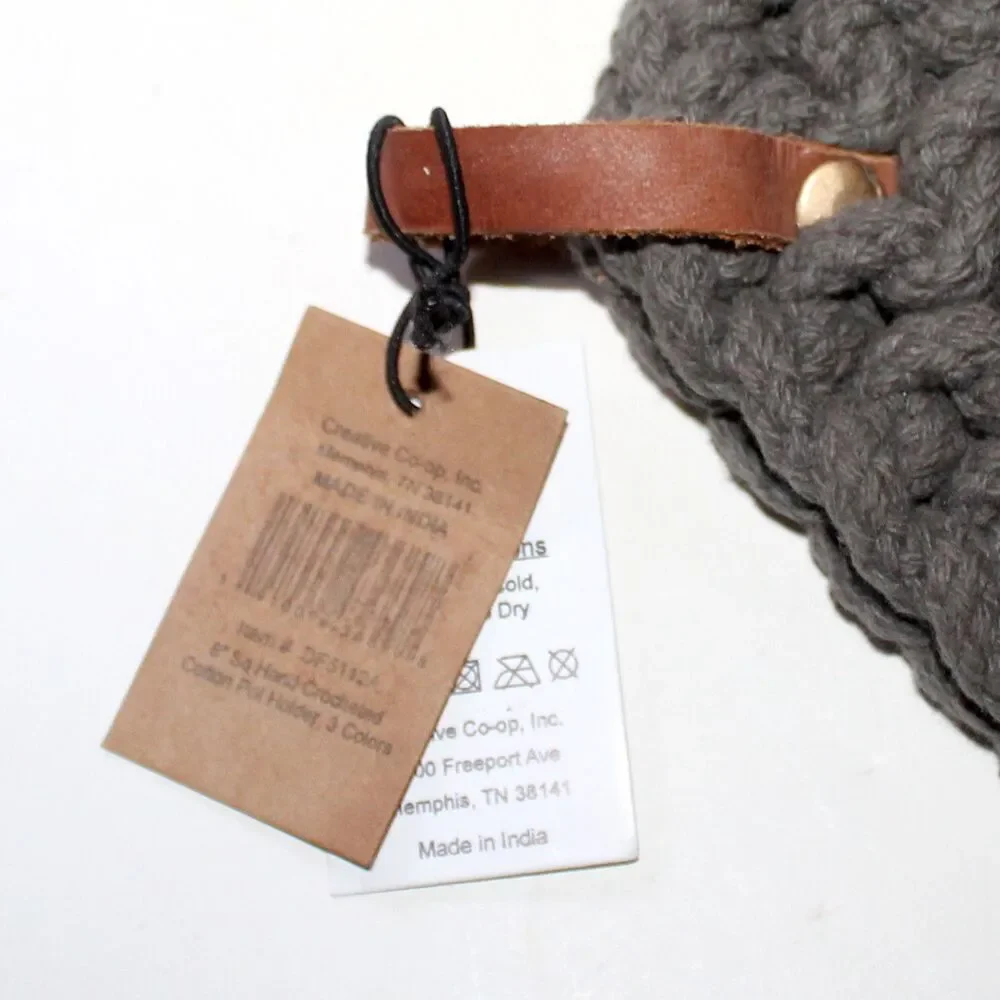 Creative Co-op Cotton Pot Holder Leather Hoop gray trivet kitchen